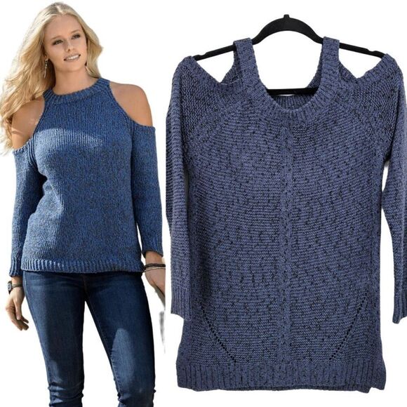 Vintage 90s Cold Shoulder Flecked Rib Knit Sweater Top M Blue Black Casual - Picture 2 of 11